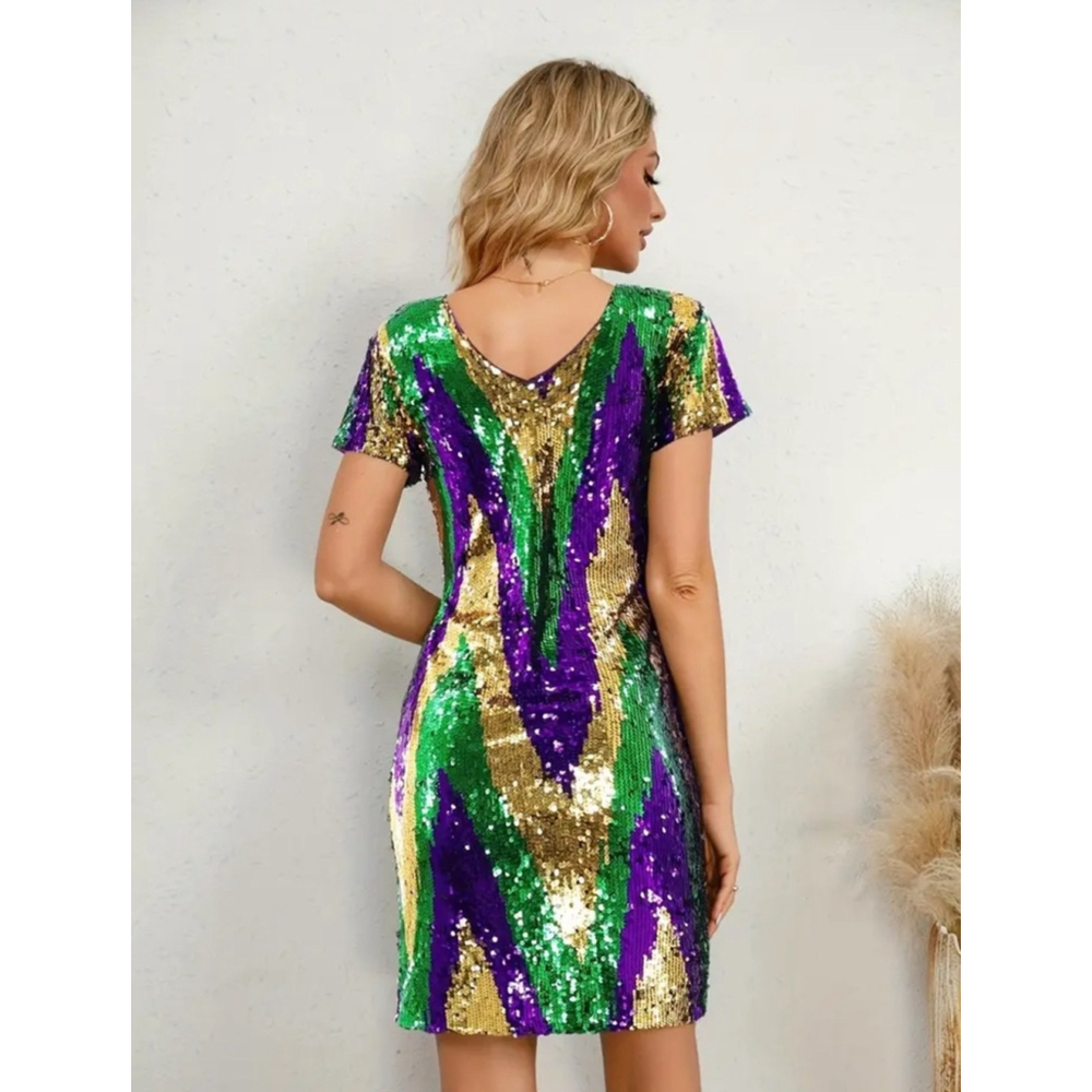 Sequin Mardi Gras Purple, Green and Gold Mini Dress - Picture 2 of 7